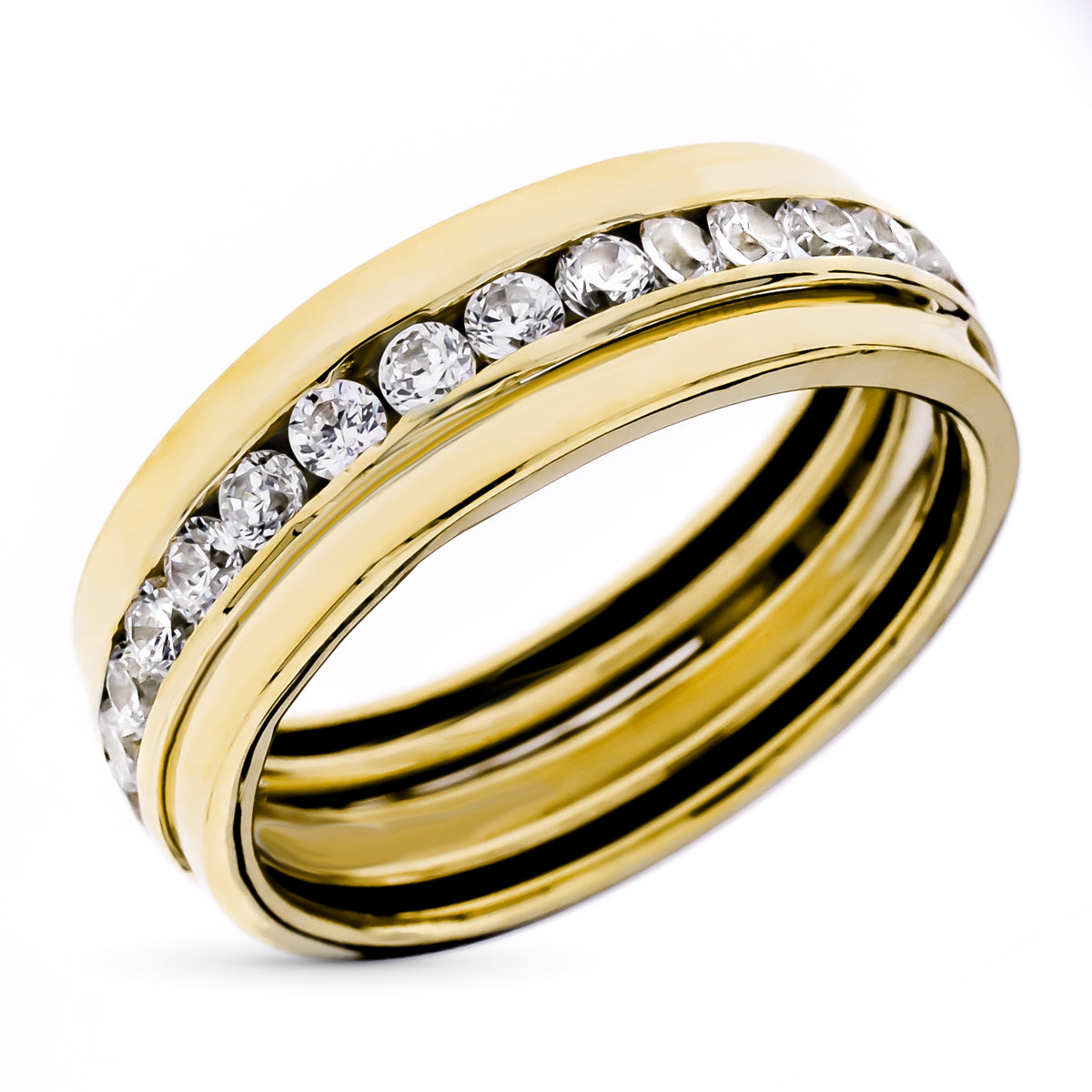 9K SORTIJA ORO AMARILLO CIRCONITAS EN CARRIL. ANCHO: 6 MM