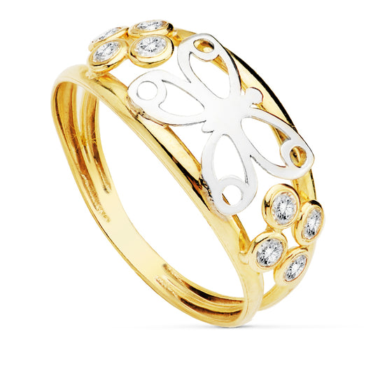 9K SORTIJA ORO BICOLOR DOBLE CUERPO CON MARIPOSA CALADA Y CIRCONITAS. ANCHO: 9 MM