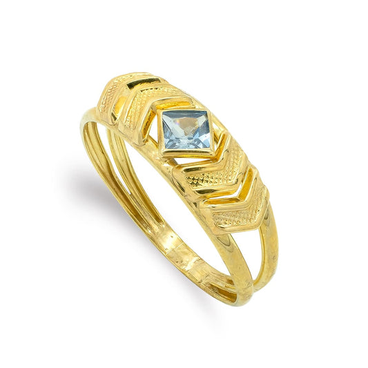 9K SORTIJA ORO AMARILLO MOTIVO CON CIRCONITA COLOR AGUAMARINA. ANCHO: 6,5 MM