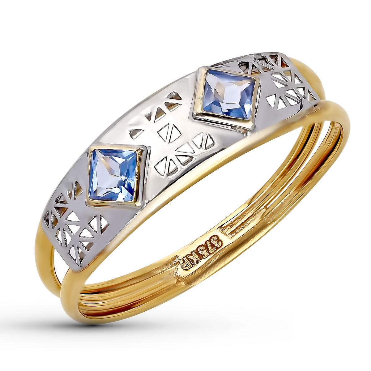 9K SORTIJA ORO BICOLOR DOS CUERPOS CON CALADO Y CIRCONITA AGUA MARINA. ANCHO: 5.5 MM