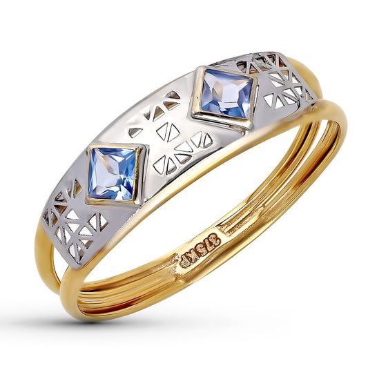 9K SORTIJA ORO BICOLOR MOTIVO CALADO CON CIRCONITAS COLOR AGUAMARINA. ANCHO: 5 MM