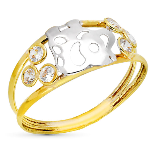 9K SORTIJA ORO BICOLOR DOBLE CUERPO CON ELEFANTE CALADO Y CIRCONITAS. ANCHO: 8 MM