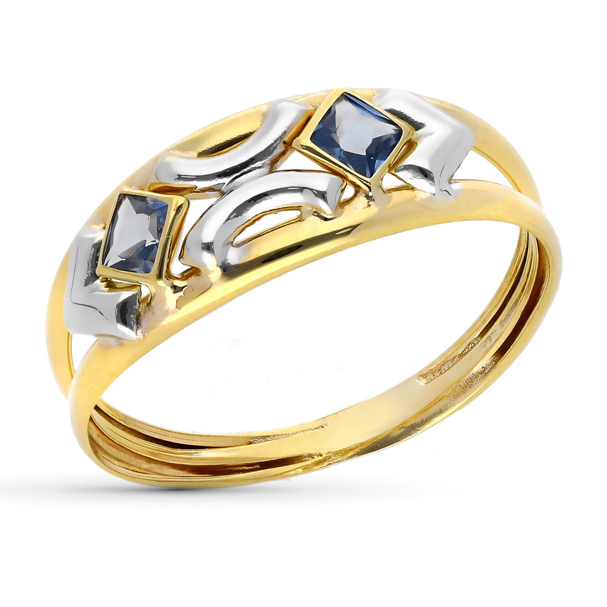 9K SORTIJA ORO BICOLOR DOBLE CUERPO CON CIRCONITAS COLOR AGUAMARINA. ANCHO: 7 MM