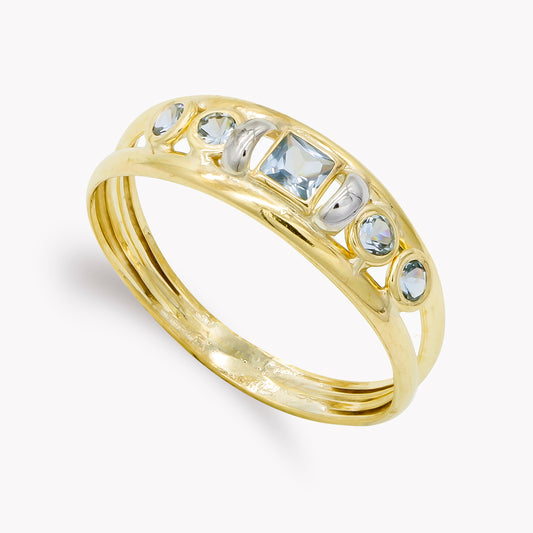 9K SORTIJA ORO AMARILLO DOBLE CUERPO CON AGUAMARINA CUADRADA Y REDONDAS. ANCHO: 5 MM