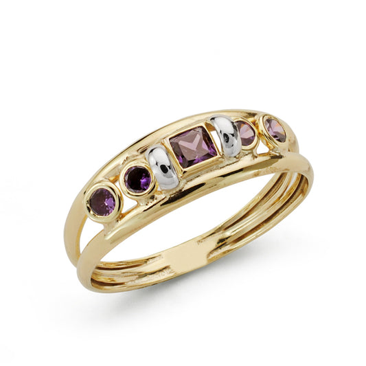 9K SORTIJA ORO AMARILLO DOBLE CUERPO CON AMATISTA CUADRADA Y REDONDAS. ANCHO: 5 MM