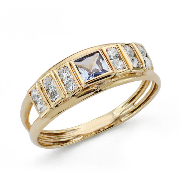 9K SORTIJA ORO AMARILLO DOBLE CUERPO CON AGUAMARINA CUADRADA Y CIRCONITAS. ANCHO: 6 MM