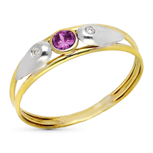 9K SORTIJA ORO BICOLOR DOBLE CUERPO CON CIRCONITA REDONDA AMATISTA. ANCHO: 5,5 MM