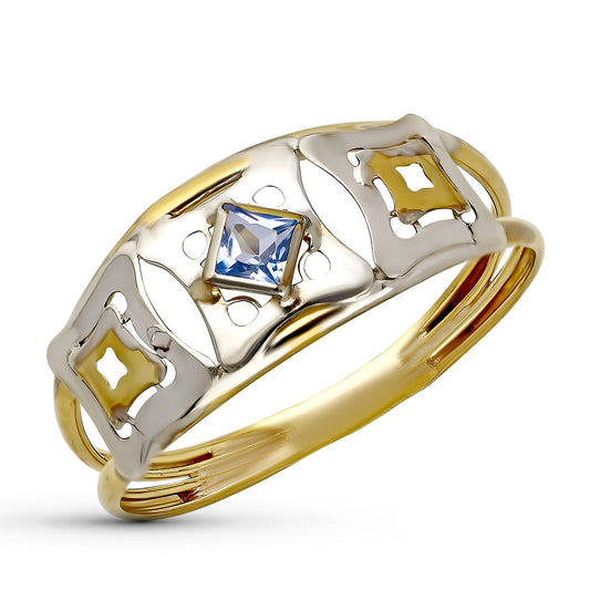 9K SORTIJA ORO BICOLOR DOBLE CUERPO CALADA CON CIRCONITA AGUAMARINA. ANCHO: 8 MM