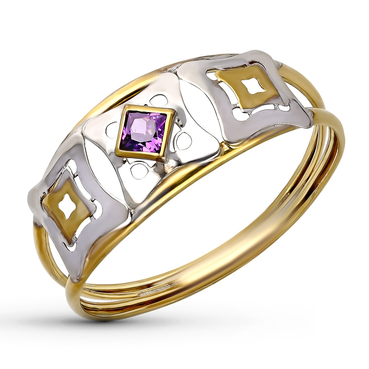 9K SORTIJA ORO BICOLOR DOBLE CUERPO CALADA CON CIRCONITA AMATISTA. ANCHO: 8 MM