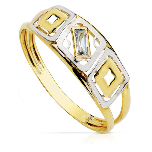 9K SORTIJA ORO BICOLOR DOBLE CUERPO MOTIVO CALADO CON CIRCONITA AGUAMARINA. ANCHO: 6,5 MM