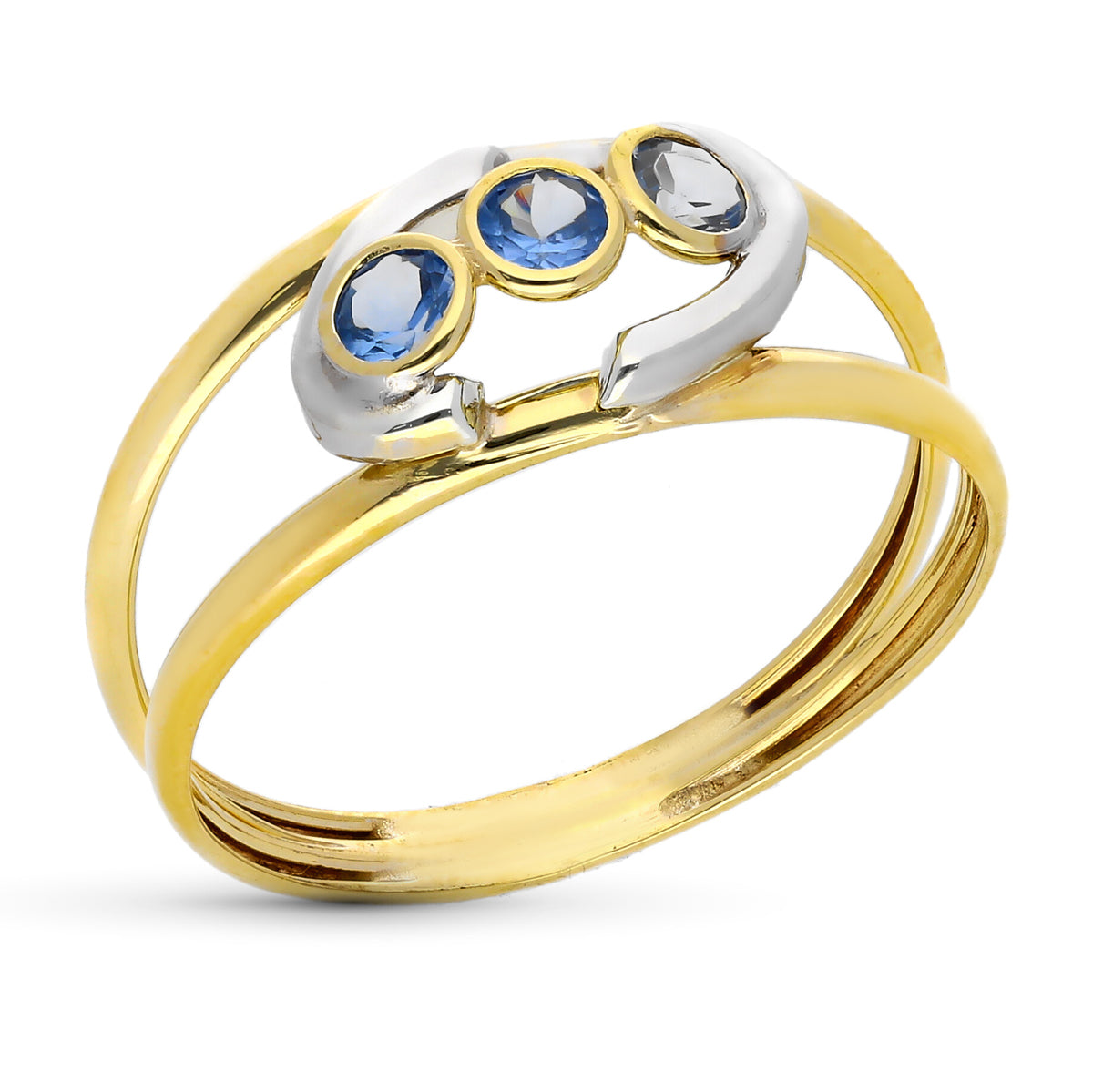 9K SORTIJA ORO BICOLOR DOBLE CUERPO MOTIVO CON CIRCONITAS COLOR AGUAMARINA. ANCHO: 8,5 MM