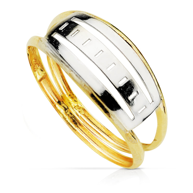 9K SORTIJA ORO BICOLOR DOBLE CUERPO CON MOTIVO CALADO. ANCHO: 7,5 MM