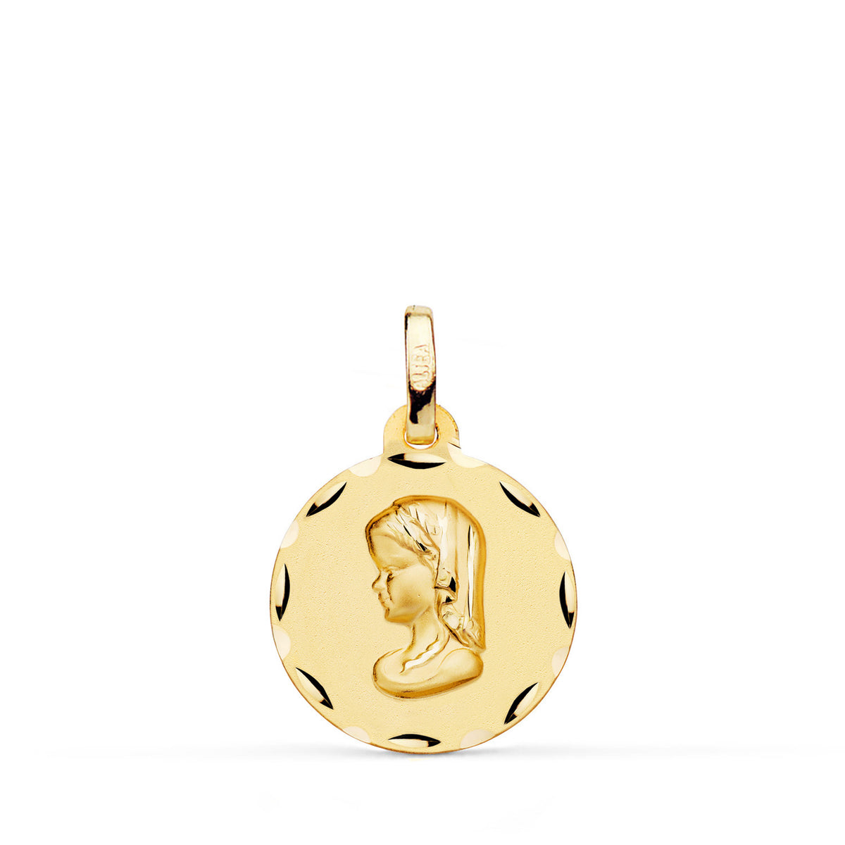 Medalla Virgen Niña Perfil Tallada. Medida: 16 mm de oro amarillo 9K