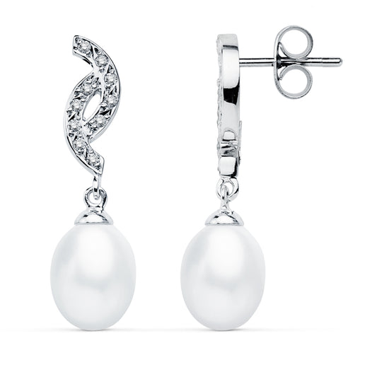Pendientes Perla 30 x 9 mm de oro blanco 9K