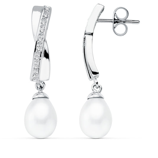 Pendientes Perla 32 x 7 mm de oro blanco 9K