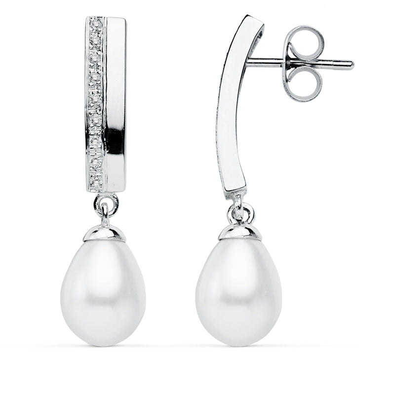 Pendientes Perla 30 x 7 mm de oro blanco 9K