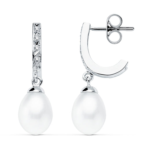 9K PENDIENTES ORO BLANCO PERLA 25X7 MM CIERRE PRESION