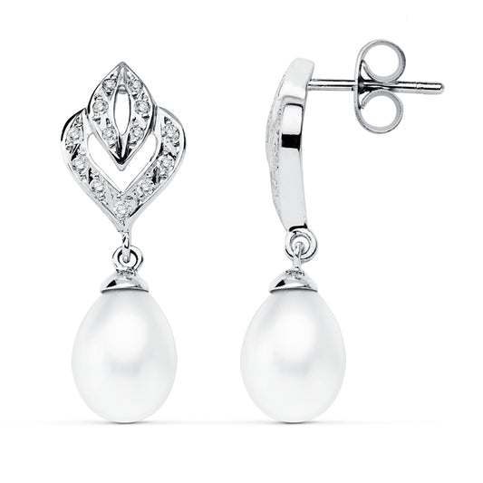 9K PENDIENTES ORO BLANCO PERLA 28X10 MM CIERRE PRESION