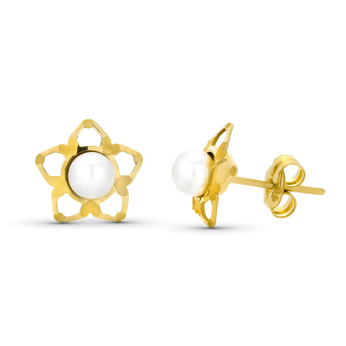 Pendientes Estrella Perla 4 mm Total 9 mm presión de oro amarillo 9K