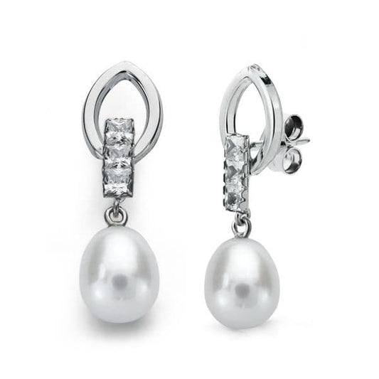 18K PENDIENTES LARGOS ORO BLANCO PERLA Y CIRCONITA PRESION