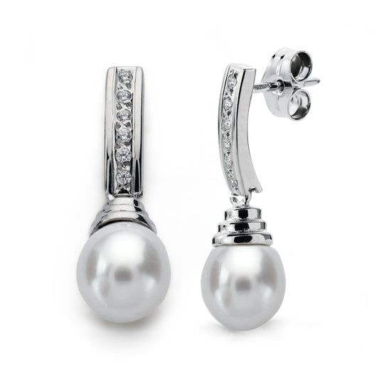 9K PENDIENTES ORO BLANCO PERLA 24X7 MM CIERRE PRESION