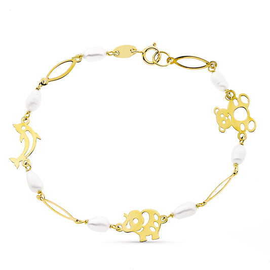 9K PULSERA ORO AMARILLO Y PERLA CON MOTIVOS ANIMALES 4.5 MM LARGO 16CM