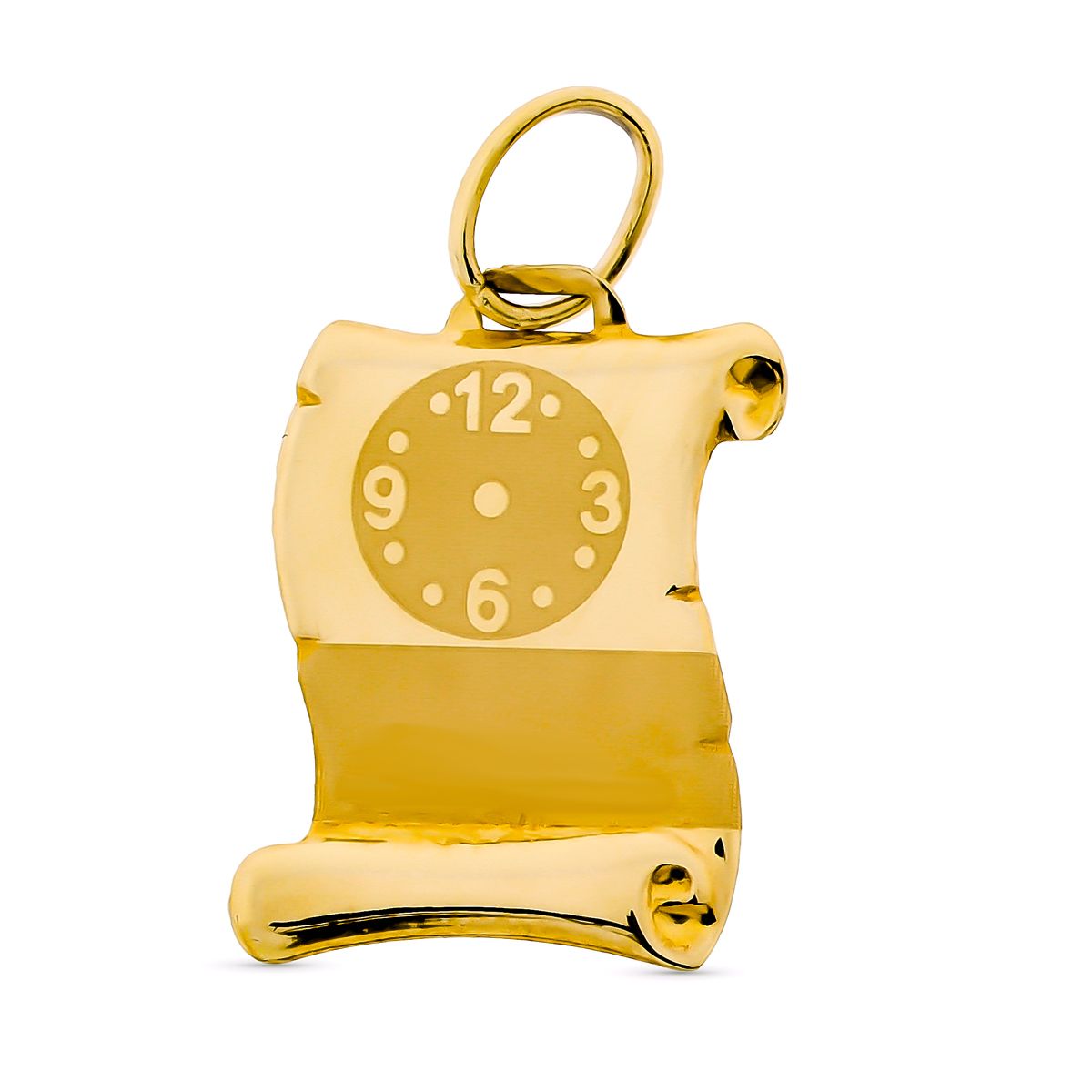 Colgante Colgante Pergamino Reloj Grabado. 15 x 11 mm de oro amarillo 9K