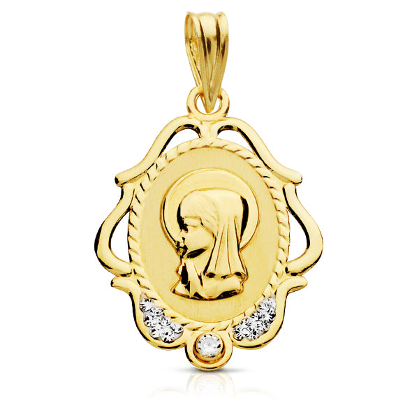 9K MEDALLA ORO AMARILLO VIRGEN NIÑA CERCO CALADO CIRCONITA 22X16 MM