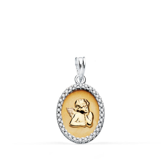 Medalla Bicolor Oval con Angelito en Cerco con Circonitas. Medida: 19 x 13 mm 18K
