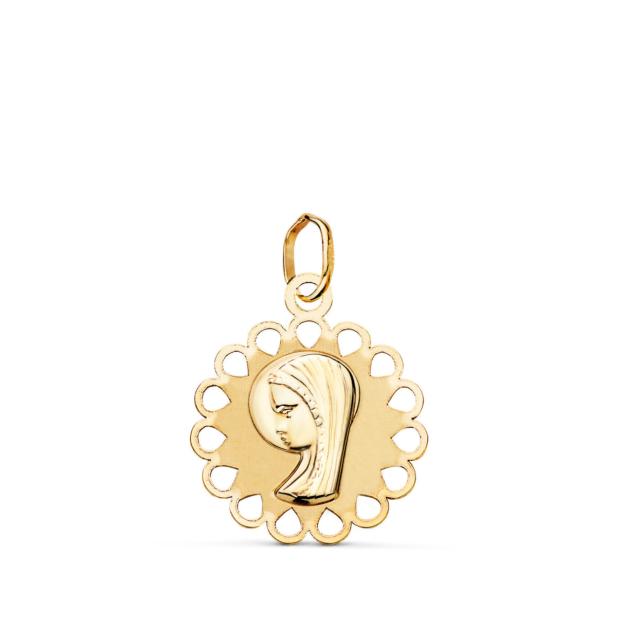 Medalla Virgen Niña Redonda Calada Mate y Brillo. Medida: 18 x 15 mm de oro amarillo 9K