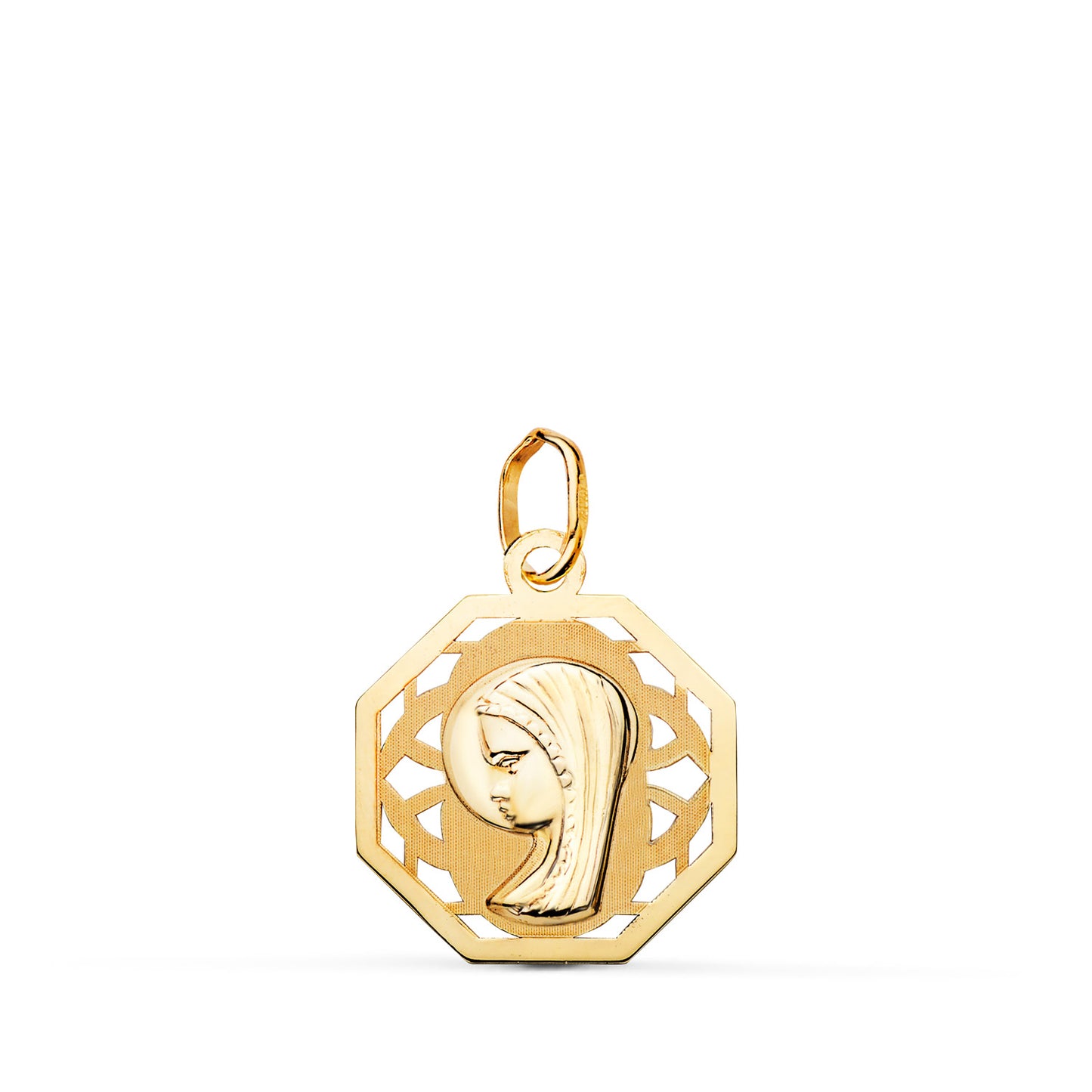 9K MEDALLA ORO AMARILLO VIRGEN NIÑA OCTOGONAL CALADA MATE Y BRILLO. MEDIDA: 17 X 15 MM