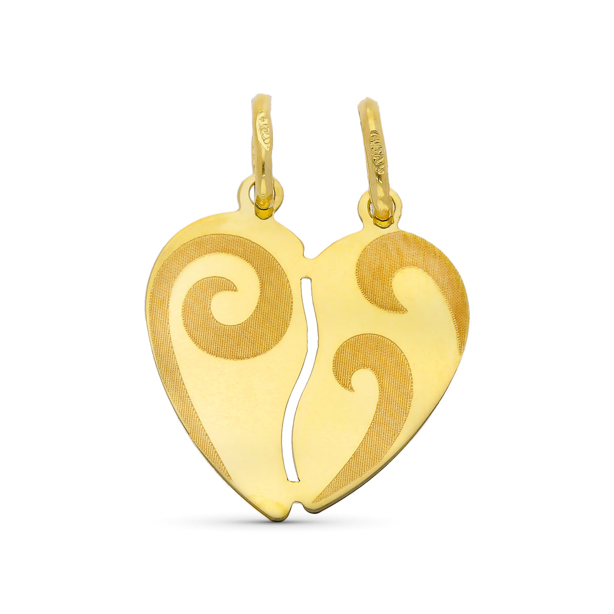 Colgante Corazon Partido Mate con Volutas 17 x 15 mm de oro amarillo 9K