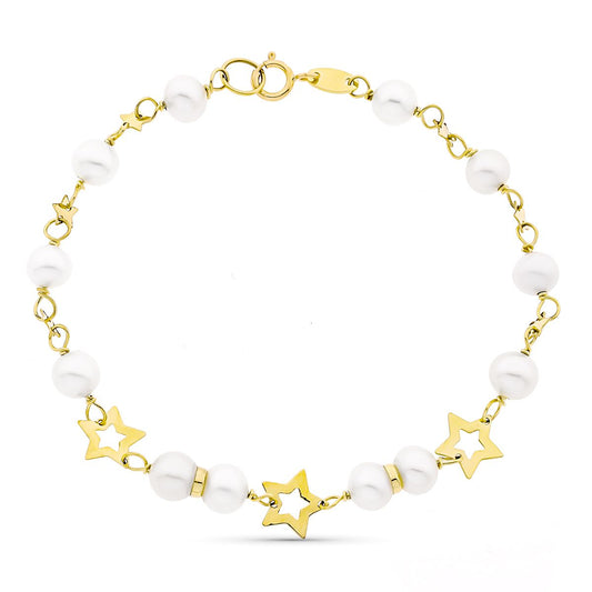 9K PULSERA ORO AMARILLO CON PERLA DE 5 MM Y ESTRELLAS CALADAS. 17CM