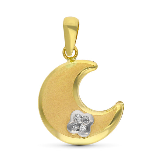 Colgante Bicolor Luna con Trebol Mini de Circonitas 9K