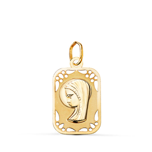 Medalla Virgen Niña Rectangular Calada Mate y Brillo. Medida: 19 x 12 mm de oro amarillo 9K