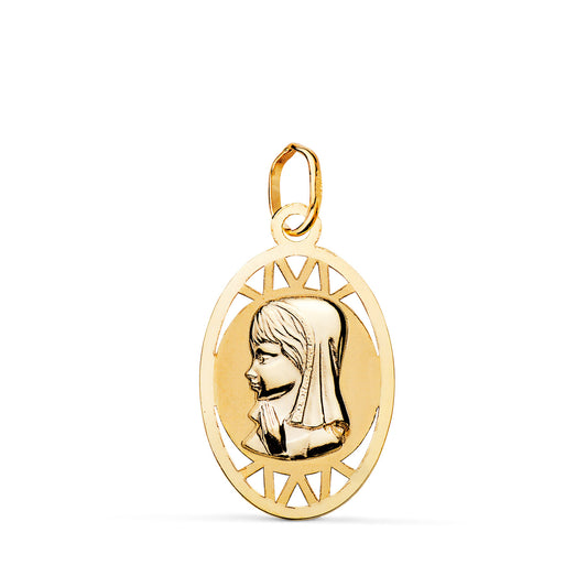 18K MEDALLA ORO AMARILLO VIRGEN NIÑA OVAL CALADA MATE Y BRILLO. MEDIDA: 21 X 13 MM