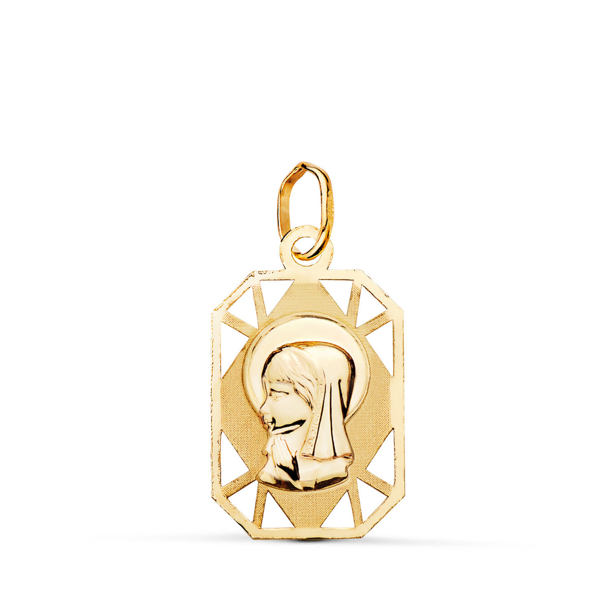 Medalla Virgen Niña Rectangular Calada Mate y Brillo. Medida: 19 x 12 mm de oro amarillo 9K