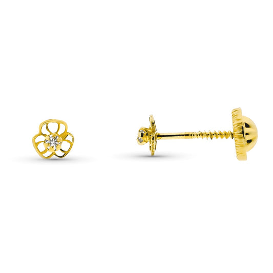 9K PENDIENTES ORO AMARILLO TREBOL CON CIRCONITA 9 MM (PEDIDO MINIMO 3 PARES ) CIERRE TUERCA