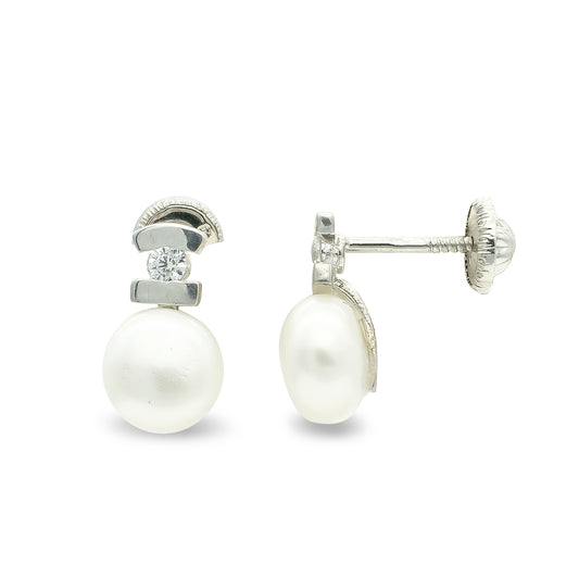Pendientes Perla Circonita 10 x 6 mm Cierre Tuerca de oro blanco 9K