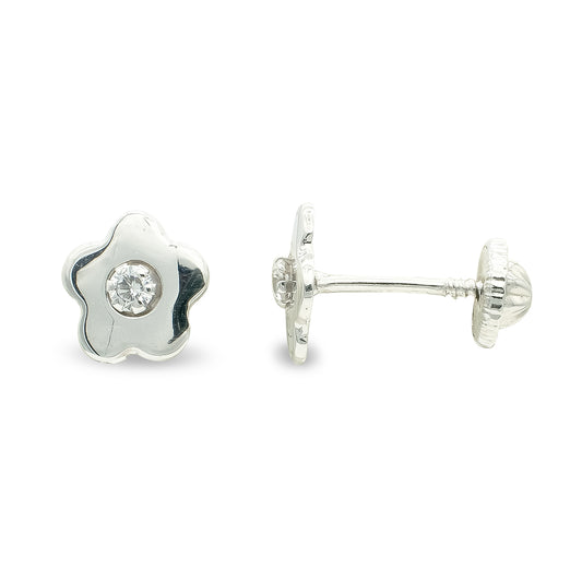 Pendientes Flor 7 mm Circonita Tuerca Cierre Tuerca de oro blanco 9K