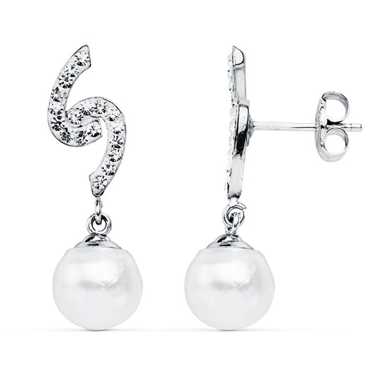 9K PENDIENTES ORO BLANCO PERLA 8 MM 24X6 MM CIERRE PRESION