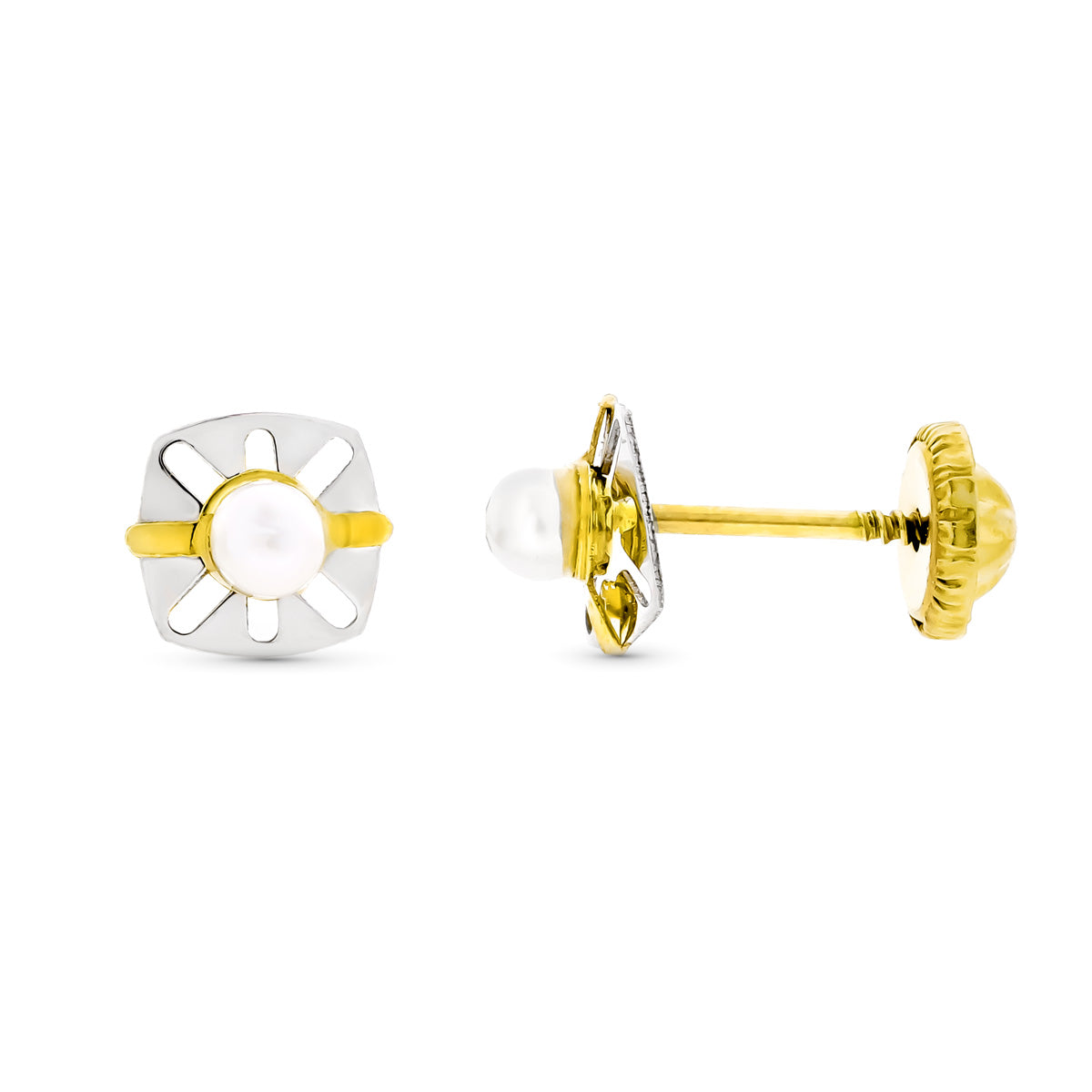 Pendientes Bicolor Calados con Perla 6 x 5 mm Cierre Tuerca 9K