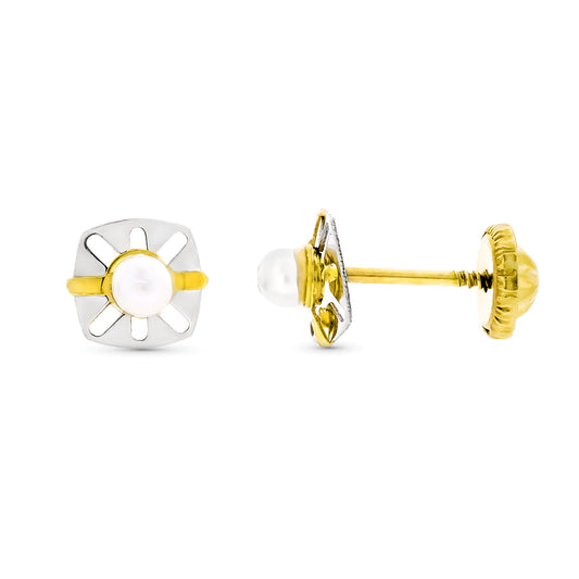 Pendientes Bicolor Calados con Perla 6 x 5 mm Cierre Tuerca 9K