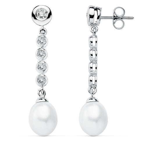 Pendientes Perla 40 x 10 mm de oro blanco 9K
