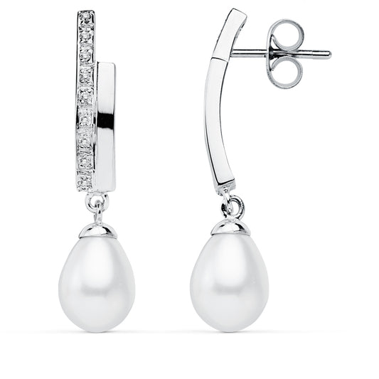 Pendientes Perla 32 x 8 mm de oro blanco 9K