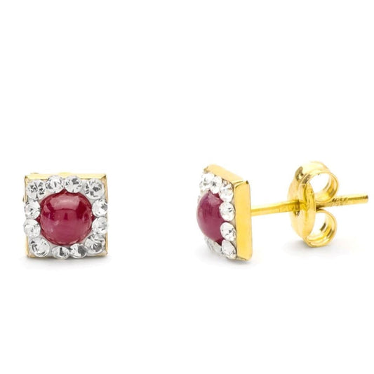 Pendientes Cuadrado Piedra Cabujon Redondo 4 mm y Circonitas 6 x 6 mm. de oro amarillo 9K