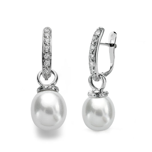 9K PENDIENTES ORO BLANCO PERLA 28X9 MM CIERRE CATALAN