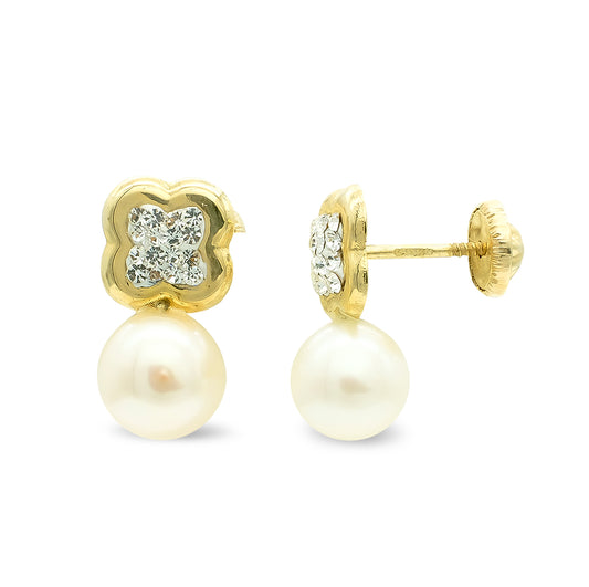 Pendientes Tu y Yo Flor con Circonitas y Perla. 13 x 7 mm.cierre Tuerca de oro amarillo 9K