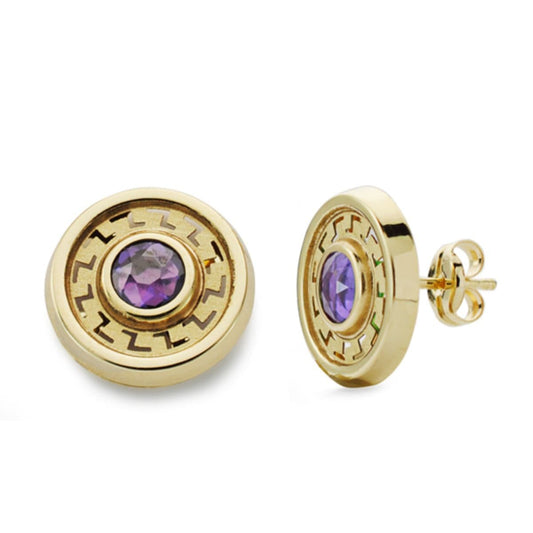 9K PENDIENTES ORO AMARILLO REDONDOS CALADOS CON CIRCONITA COLOR AMATISTA. MEDIDA: 12 MM. CIERRE PRESION