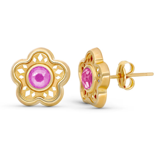 Pendientes Flor 11 mm Piedra Rosa de oro amarillo 9K